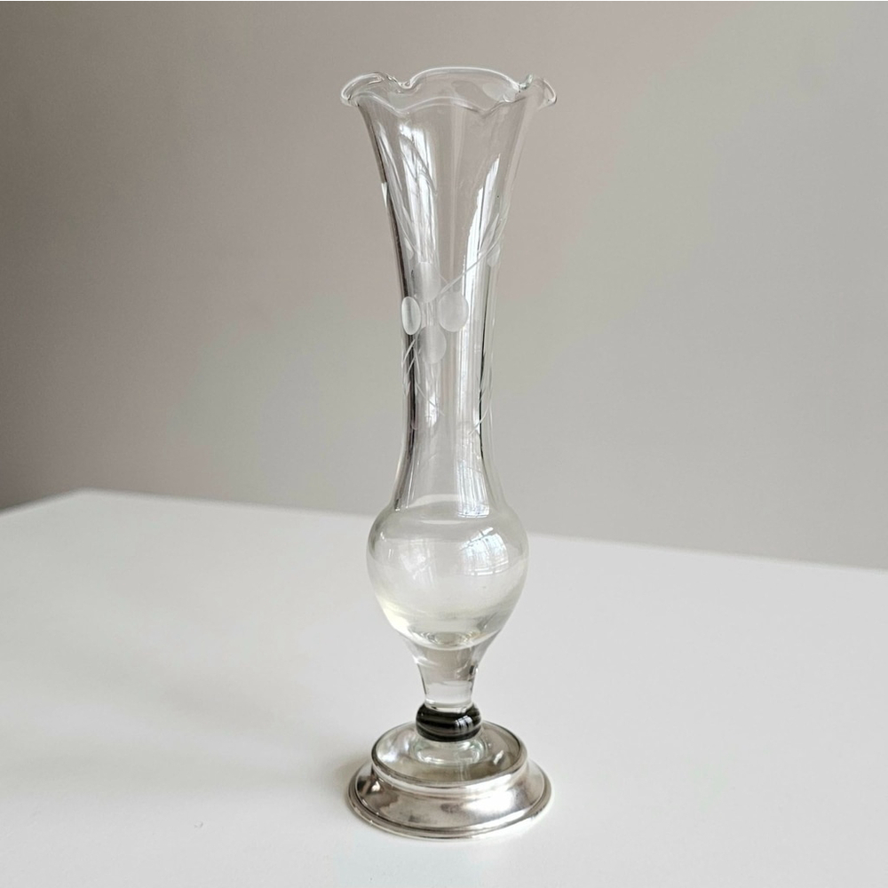 Vintage Watrous Sterling Silver Base Bud Vase Etched Glass Floral Vase 6.5"